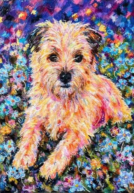 Bella, a memorial piece, surrounded by wildflowers