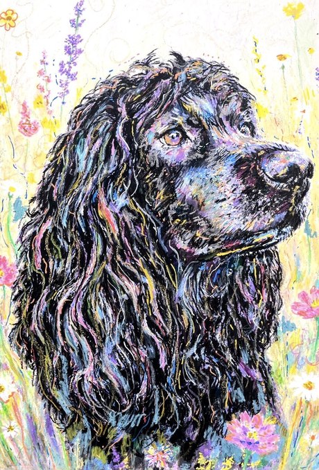 The finished portrait of Buddy in blue, lilac and gold mixed media