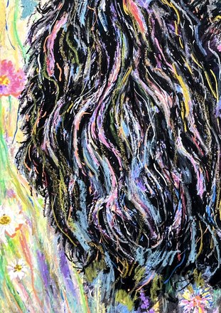 Buddy up close, black curls carried in pink, blue and yellow pastel strokes
