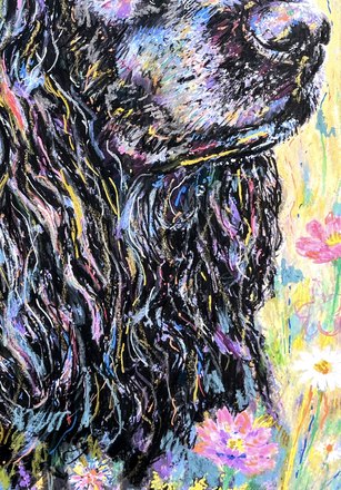 Buddy up close, his muzzle in lilac and blue with flowers building up beside him