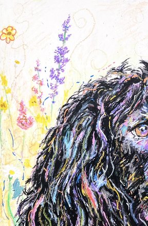 Buddy up close, lavender and wildflowers drawn in beside his ear